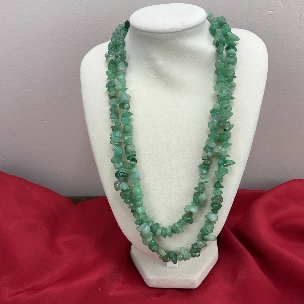 Green Jade Chip Infinite Strand Necklace 38 in With Silver 925 Clasp Vintage